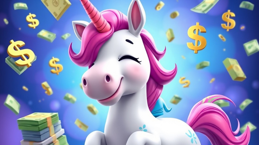 AI tools for small business concept: cartoon unicorn and money.