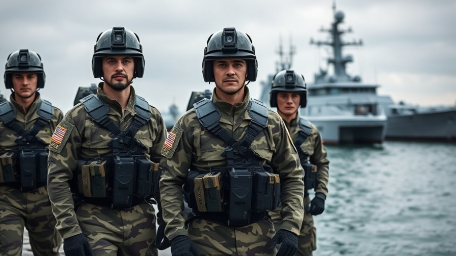 AI-Powered Sea Drone with military personnel dockside, overcast day.