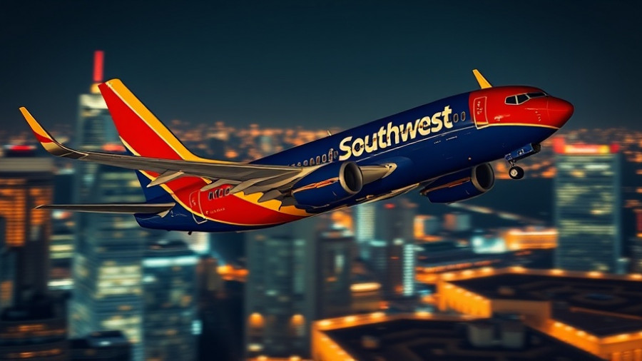 Southwest Airlines jet in flight over cityscape with motion blur.