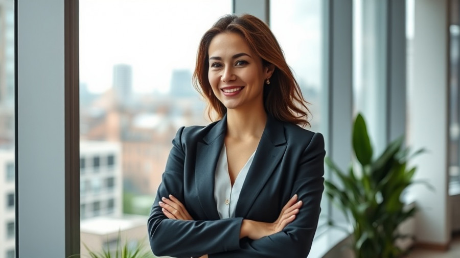 Professional woman in office with Sheffield cityscape background.