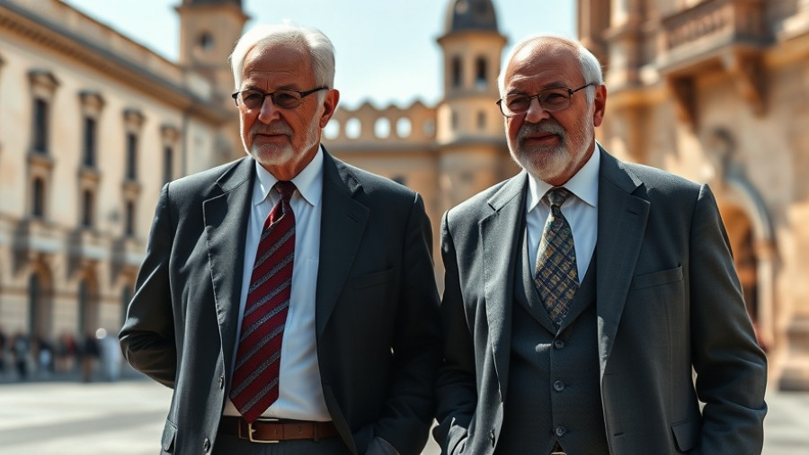 King Charles with religious figure, historical architecture background.