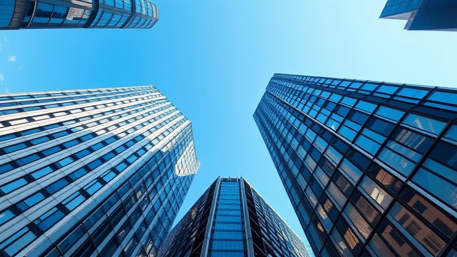 Dramatic skyscrapers upward view reflecting Bank of England rate cut motion.