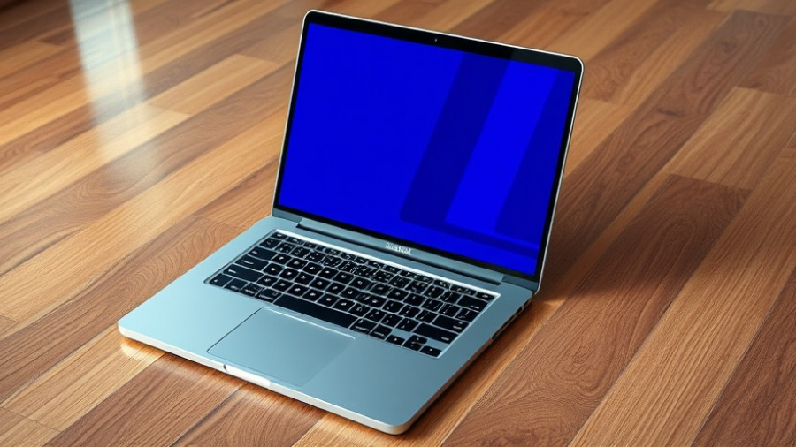 Sleek silver laptop open with vivid screen on wooden floor under natural lighting.
