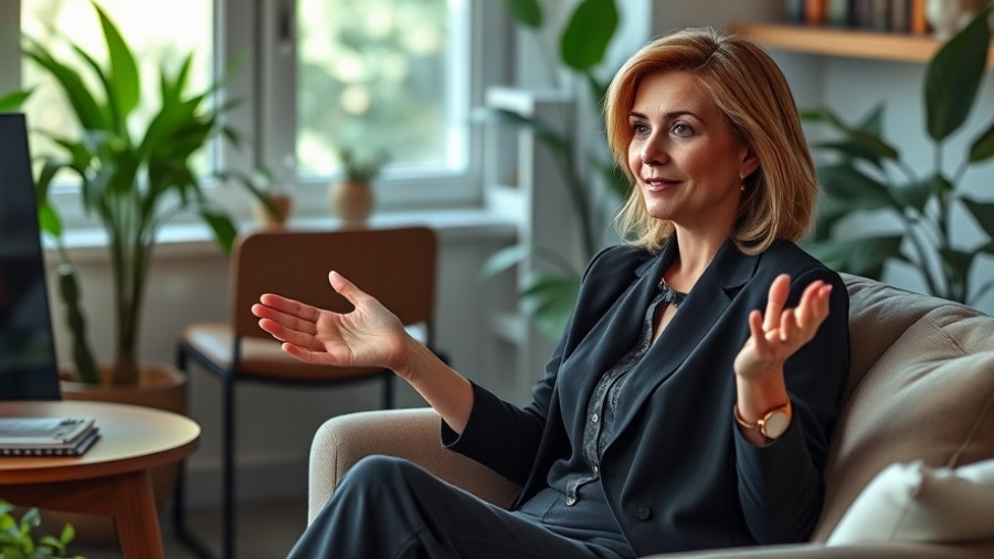 Confident woman explaining investment strategies for overcoming financial fear in a cozy office.