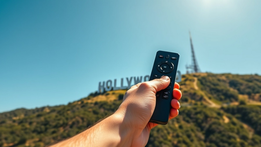 Vibrant TV remote in hand pointing at Hollywood sign, clear blue sky.