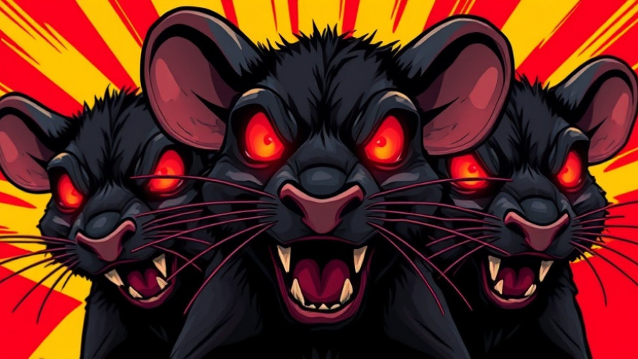 Stylized black rats with red eyes in vibrant illustration