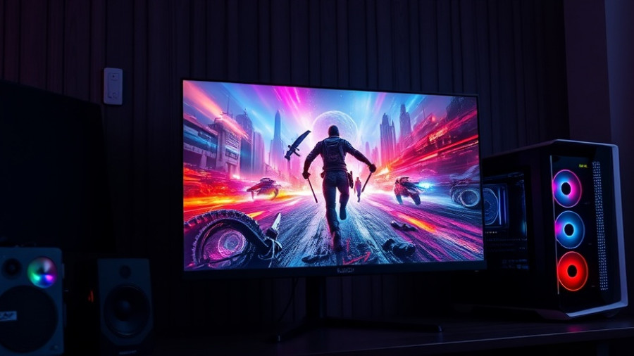 Affordable OLED Gaming Monitor depicting vibrant game scene near a gaming PC.