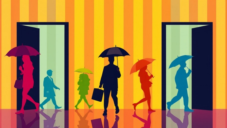 Abstract depiction of 2025 tech layoffs with colorful silhouettes and umbrellas.
