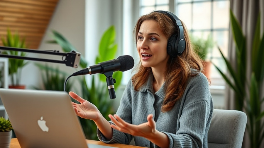 Engaged woman recording podcast in studio with natural light.