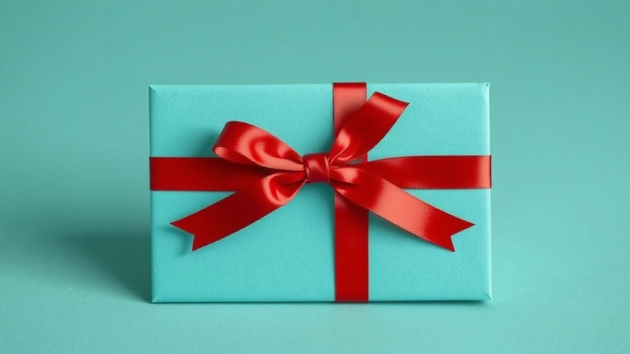 Teal gift card with red ribbon for discounted gift cards