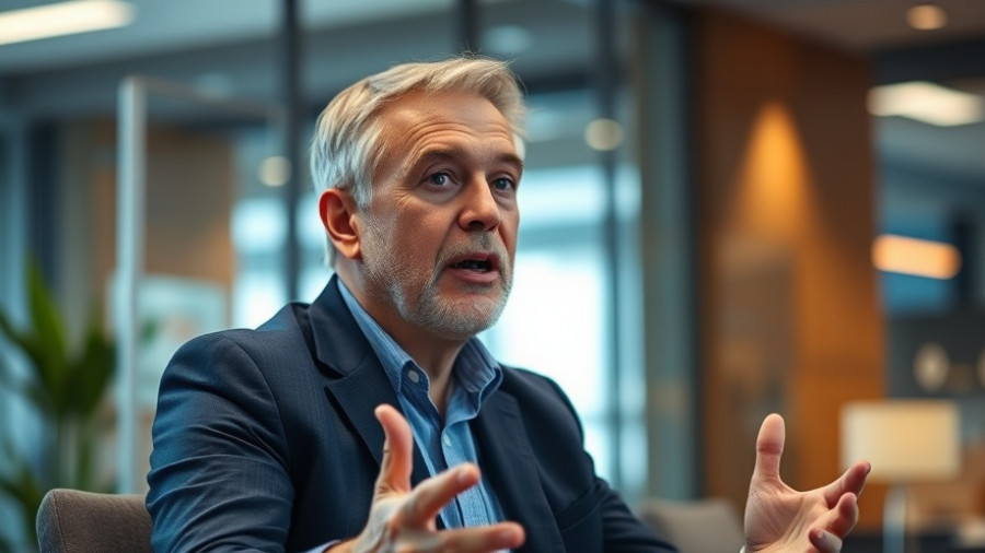 Middle-aged man discussing Britain's population crisis indoors.