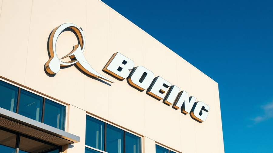 Boeing building facade with logo, clear blue sky overhead.