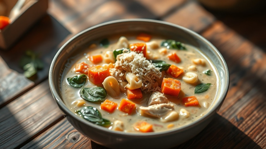 Creamy chicken pasta soup with vegetables and cheese.