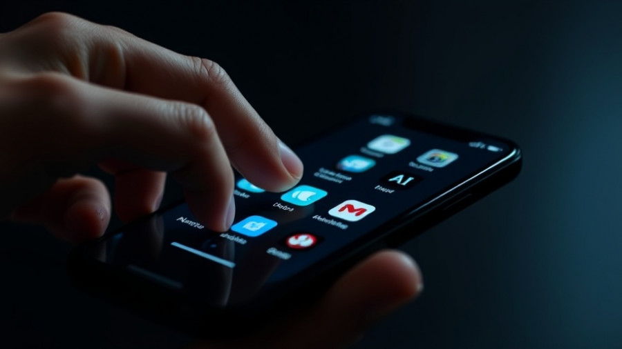 Hand using smartphone with AI chat apps, dim lighting.