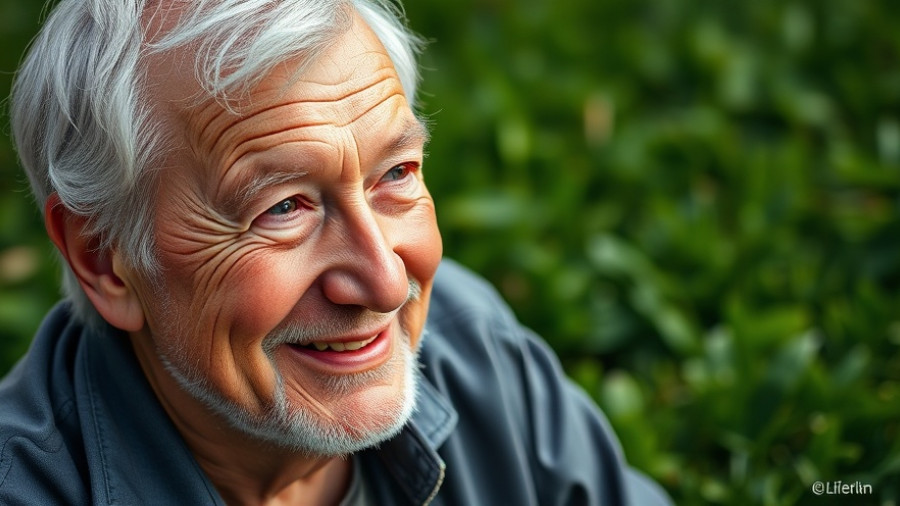 Elderly man in striped suit smiling outdoors.