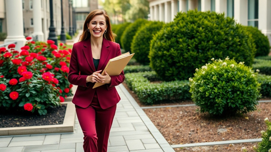 Smiling woman in suit on UK street reflecting property market.