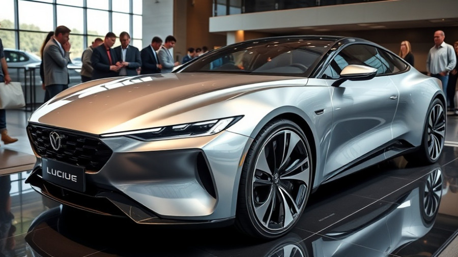 Sleek Lucid car displayed at exhibition with observers, highlighting self-driving technology.