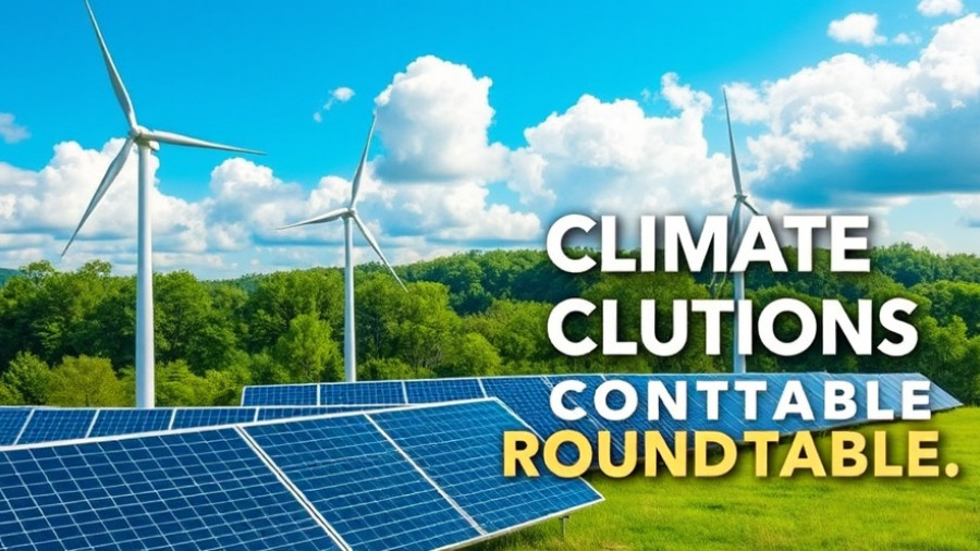 Digital poster for a climate solutions roundtable with wind turbines and solar panels.