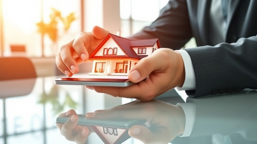 AI in new homes market: businessman using tablet with house image.