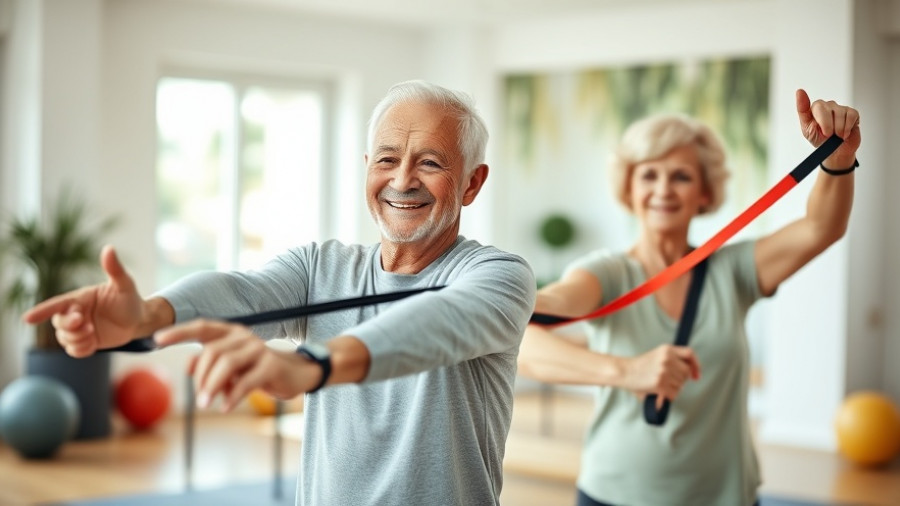 Elderly couple exercising with resistance bands indoors, daily training to rebuild muscle after 50.