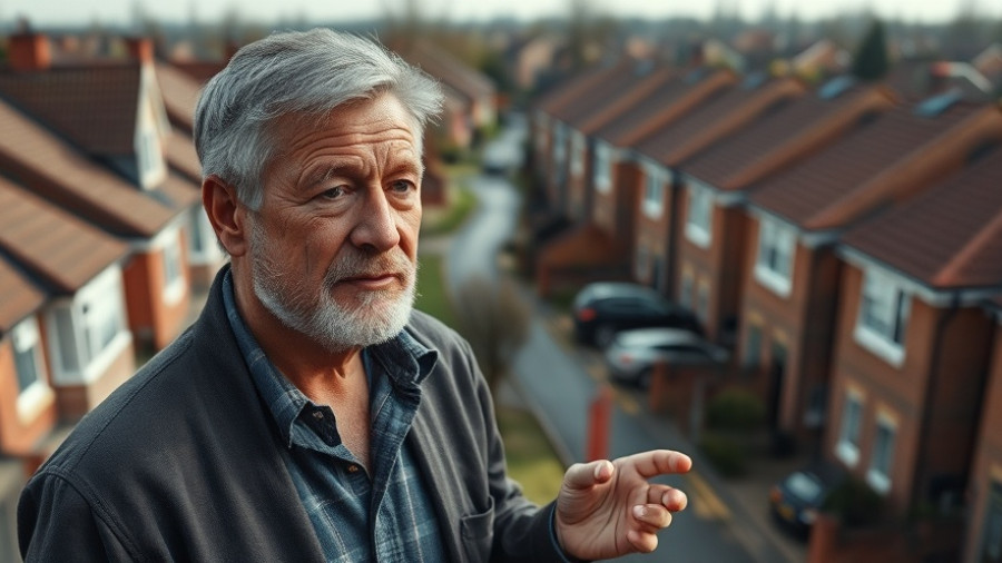 Urban view with man discussing current housing market crisis.