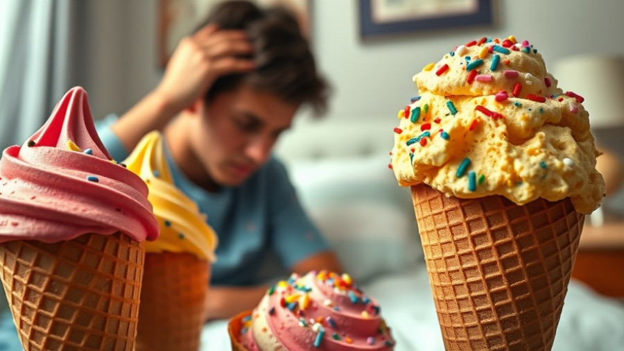 Impact of ultra-processed foods: Ice cream and man in distress.