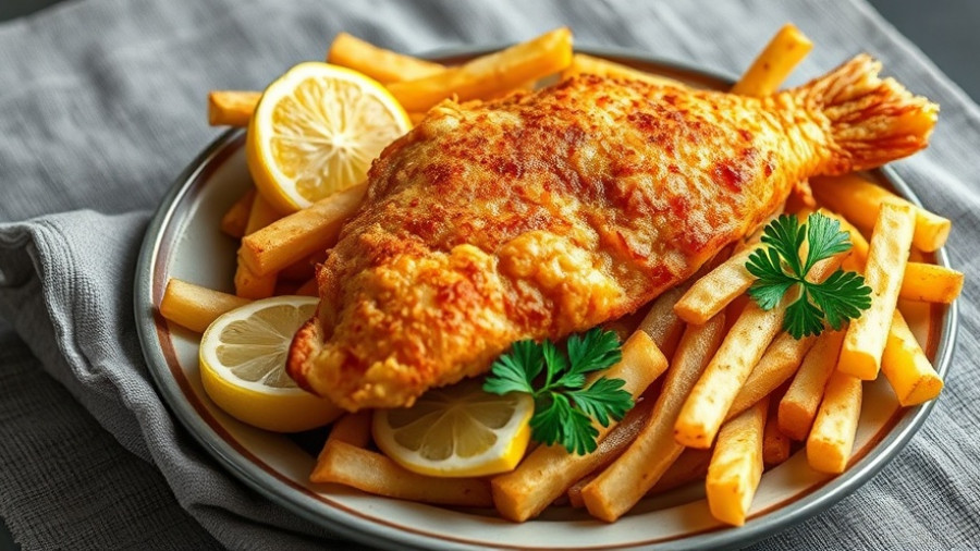 Golden fried fish with crispy fries, lemon, and parsley on plate.