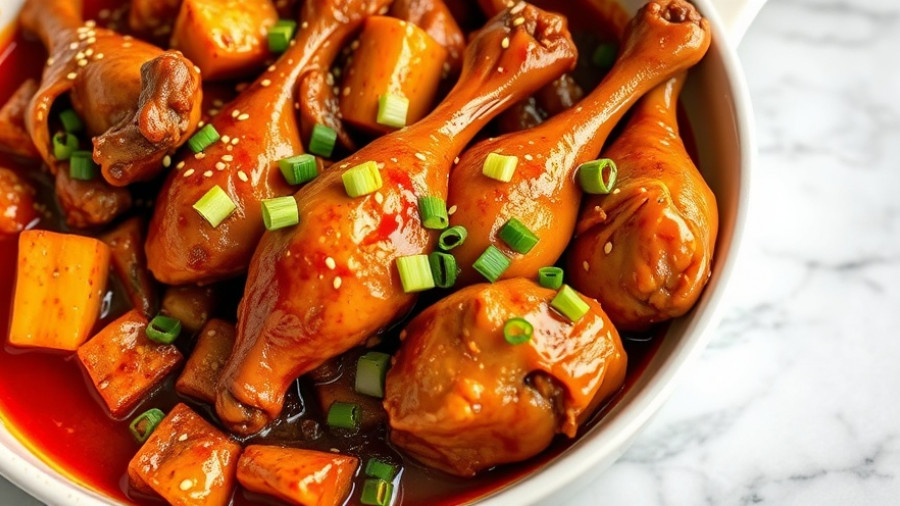 Savory Korean spicy braised chicken in a pan.
