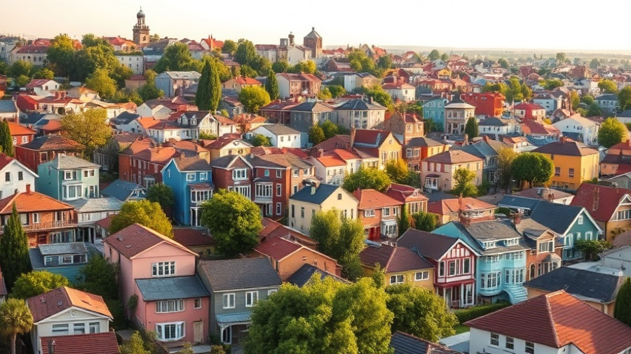 Vibrant urban landscape depicting colorful houses, capturing mortgage rates jump Federal Reserve theme.