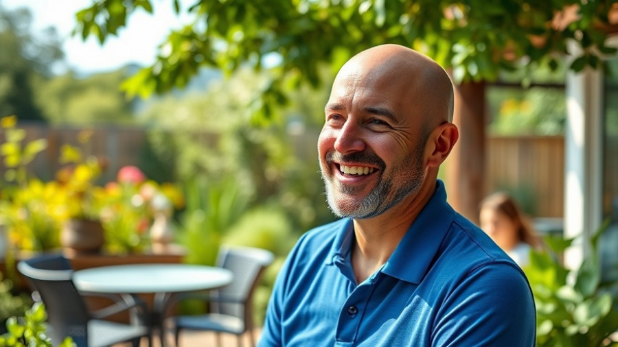 Man smiling outdoors, garden setting, UK mortgage context.