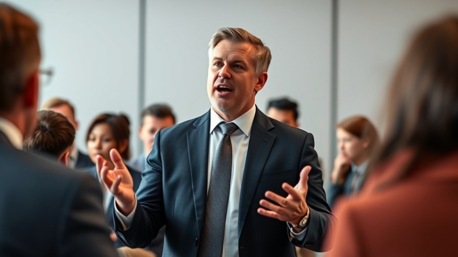 Confident man speaking energetically in a modern conference room.