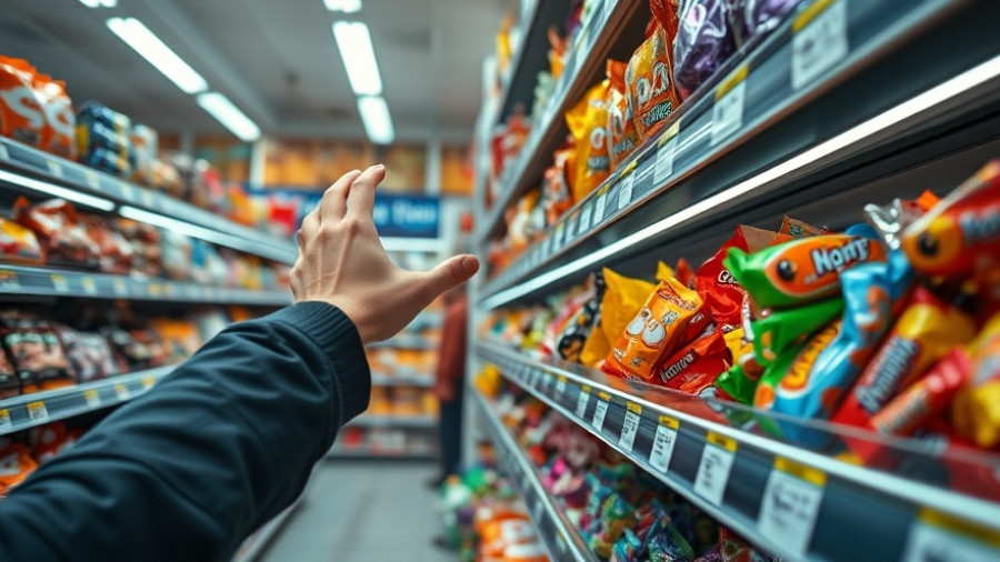Person selecting Halloween candy at supermarket with visible candy prices.