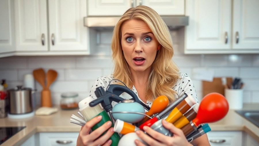Woman engaging in extreme kitchen decluttering, showcasing cluttered spaces.
