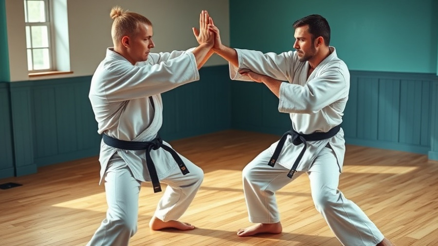 Martial artists in dojo demonstrating self-defense techniques in uniforms.