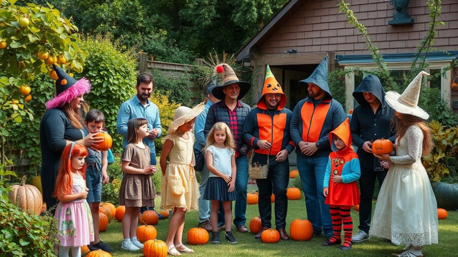 Playful Halloween event with kids and adults interacting.