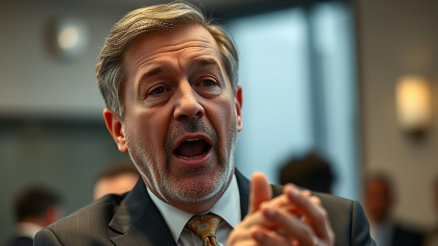 Close-up of a middle-aged man speaking expressively in a formal setting.