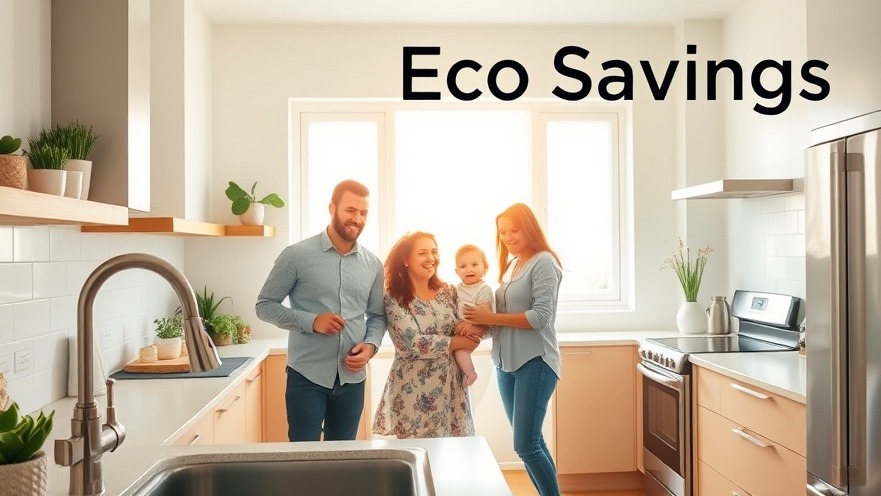 Family in eco-friendly kitchen showcasing modern fixtures for eco savings.