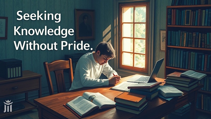 Person seeking spiritual growth, studying at a desk with open books and a warm glow.