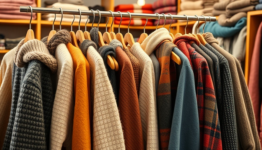 Free winter clothes on display in a colorful shop.