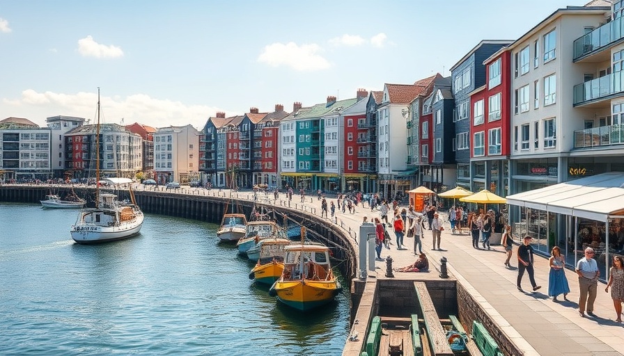 Stranraer regeneration depicted with vibrant waterfront and modern architecture.