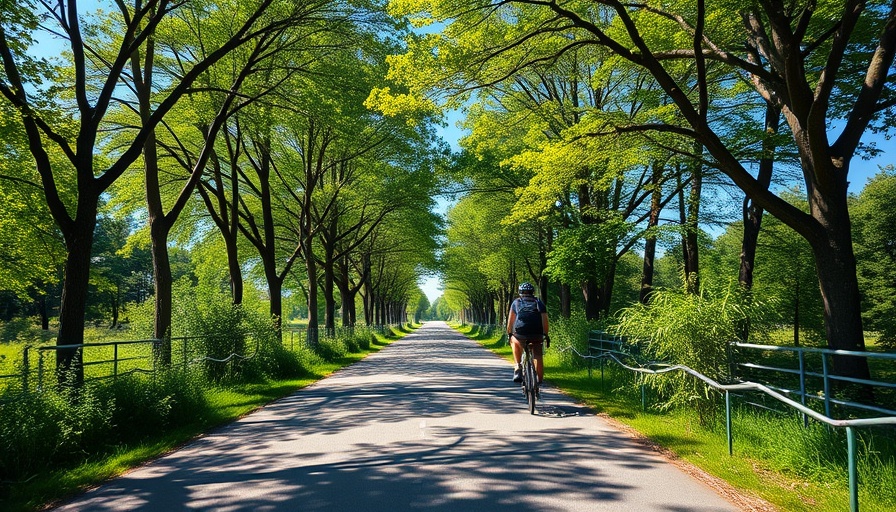 Scenic cycling path for active travel lined with trees.