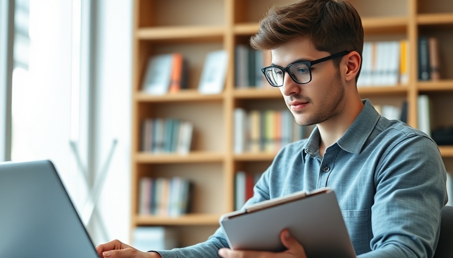 Thoughtful man working on AI financial advising in a modern office.