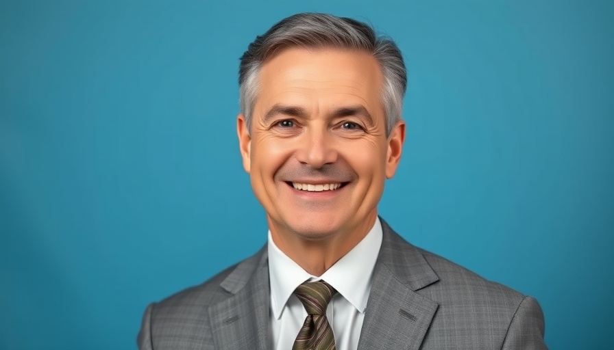Middle-aged man smiling in a suit, blue background.