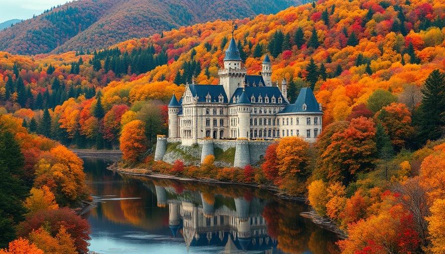 Majestic castle for sale near river with autumn forest and hills.