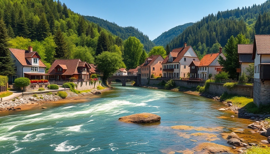 Picturesque village by river on a sunny day, showcasing nature.
