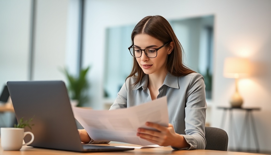 Data Analyst examining reports in an office setting.