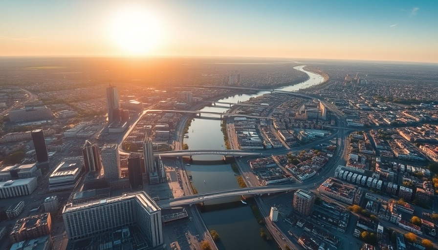Aerial view of cityscape with river and buildings at sunrise.