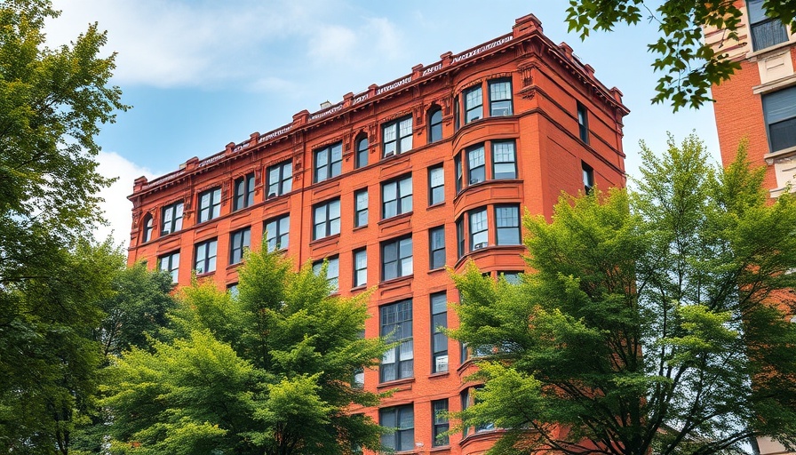 Stately red brick apartment building amidst urban greenery, average rents.