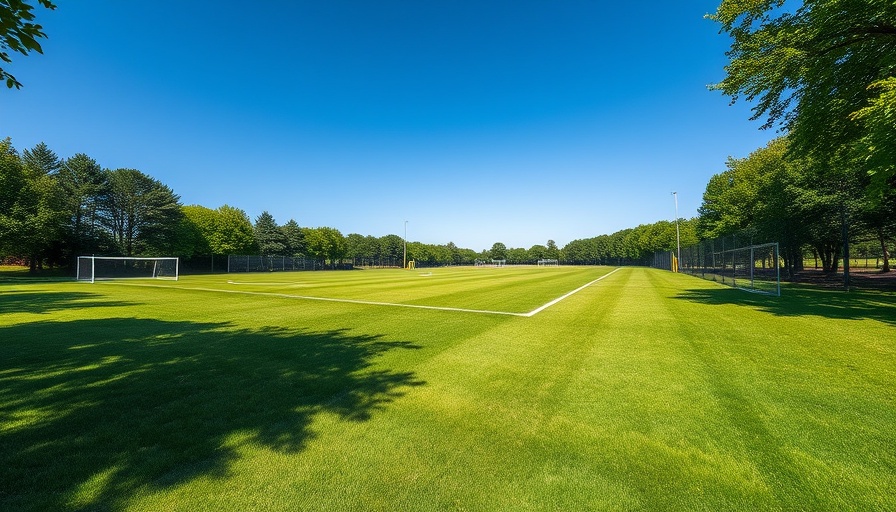 Dumfries sports pitch under a clear blue sky with lush surroundings.