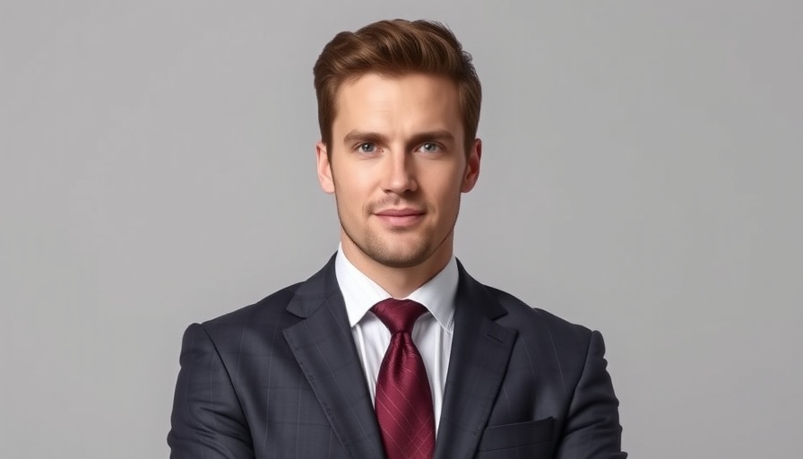 Portrait of a confident mortgage adviser in a suit with a grey background.